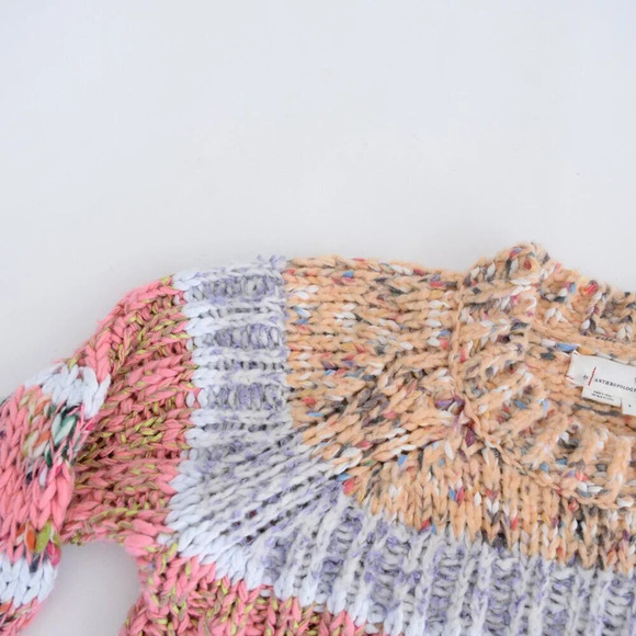 Anthropologie Kahlo Striped Pink & Cream Chunky Knit Crewneck Sweater S - Picture 9 of 12